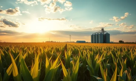 A cornfield with grain silos in the distance under a partly cloudy sky during golden hour.
