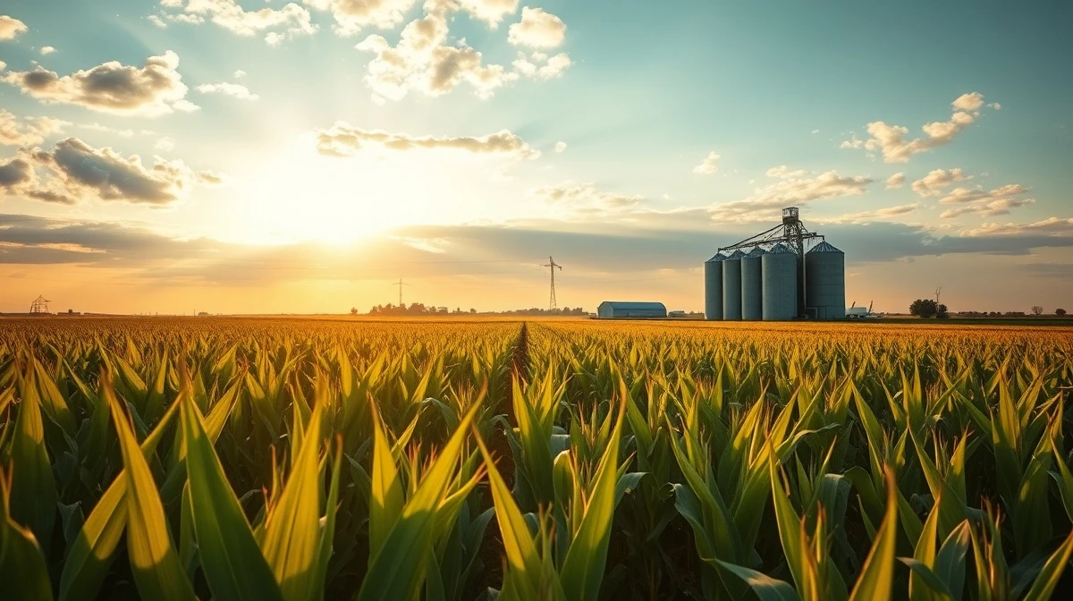A cornfield with grain silos in the distance under a partly cloudy sky during golden hour.