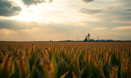 Cornfield with oil refinery in distance under cloudy sky