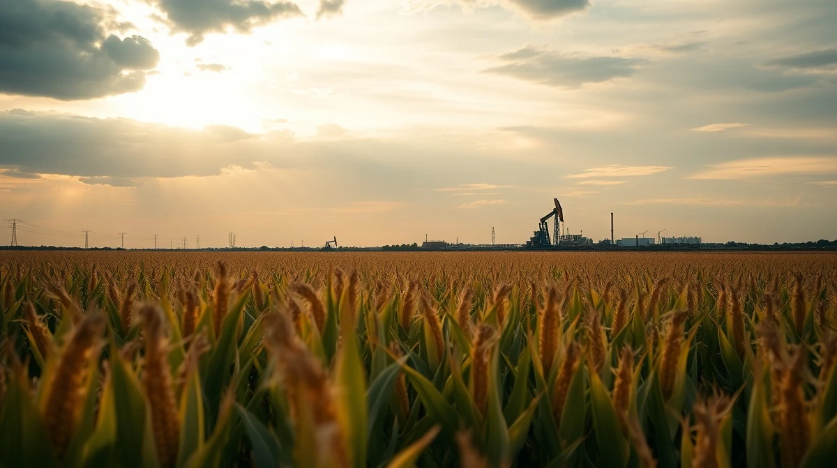 Cornfield with oil refinery in distance under cloudy sky