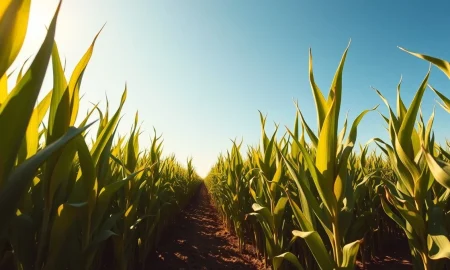 Tall green corn stalks in a sunlit field under a blue sky, representing the U.S. corn crop.