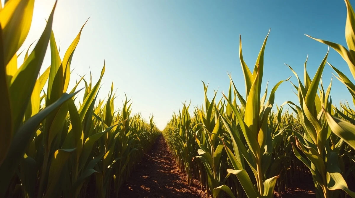 Tall green corn stalks in a sunlit field under a blue sky, representing the U.S. corn crop.