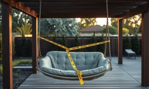 Empty hanging patio swing with caution tape in a backyard, illustrating a product safety recall.