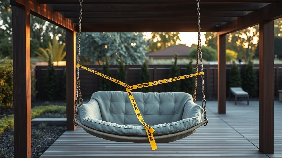 Empty hanging patio swing with caution tape in a backyard, illustrating a product safety recall.