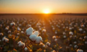 Close-up of a cotton boll in a field at sunset, representing the cotton commodity market.
