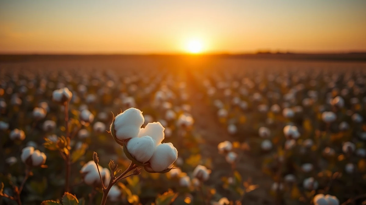 Close-up of a cotton boll in a field at sunset, representing the cotton commodity market.