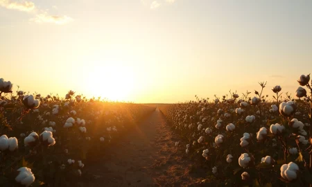 Cotton field at sunset with rows of mature cotton bolls