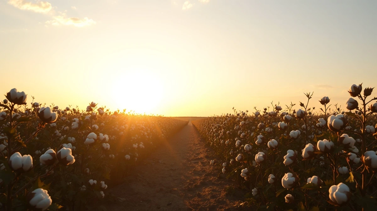 Cotton field at sunset with rows of mature cotton bolls