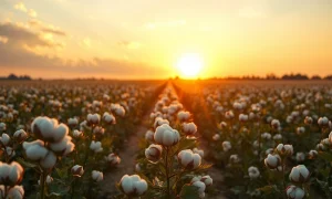 Cotton field at sunset with mature bolls ready for harvest
