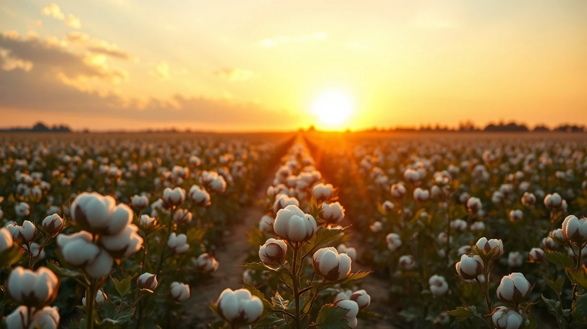 Cotton field at sunset with mature bolls ready for harvest