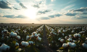 Cotton field with mature bolls under partly cloudy sky at late afternoon