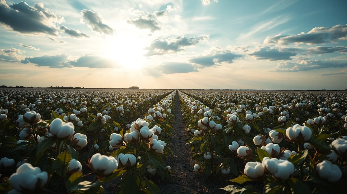 Cotton field with mature bolls under partly cloudy sky at late afternoon