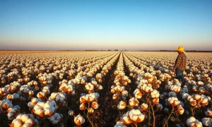 Cotton field with mature bolls under blue sky, representing the cotton futures rally