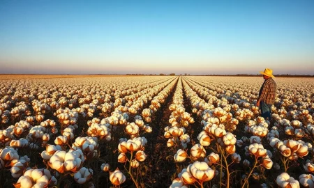 Cotton field with mature bolls under blue sky, representing the cotton futures rally