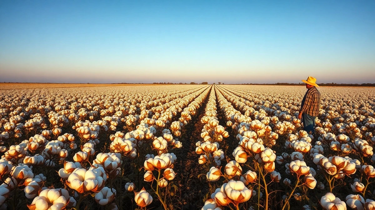Cotton field with mature bolls under blue sky, representing the cotton futures rally