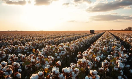 Cotton field with round bales under a partly cloudy sky in late afternoon light.