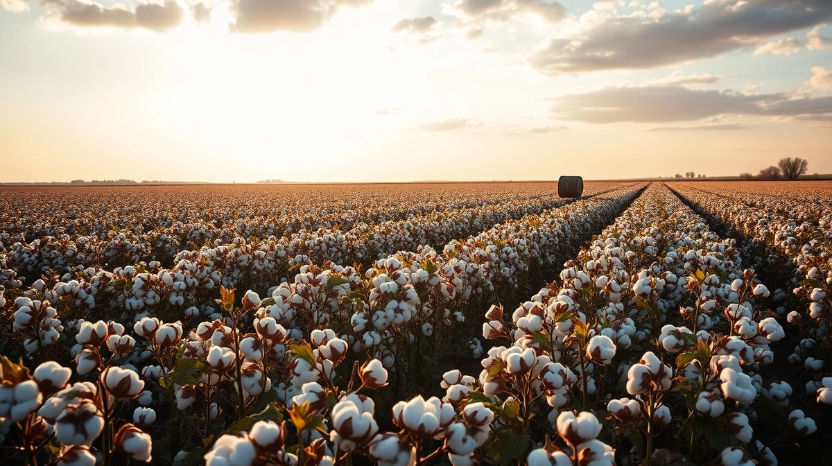 Cotton field with round bales under a partly cloudy sky in late afternoon light.