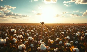 Sunlit cotton field with harvester in distance, representing cotton commodity markets.