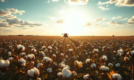 Sunlit cotton field with harvester in distance, representing cotton commodity markets.