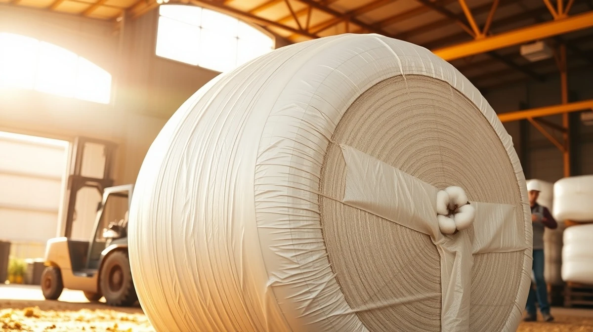 A large wrapped cotton bale in a warehouse with a farmer checking a tablet in the background.