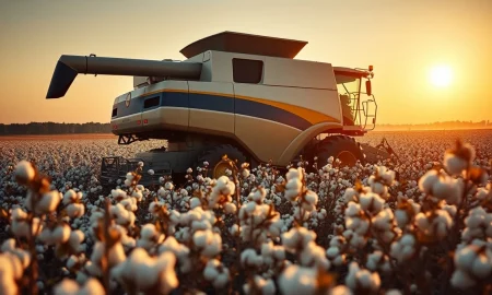 Cotton harvester in a field at sunset, representing the cotton commodity market.