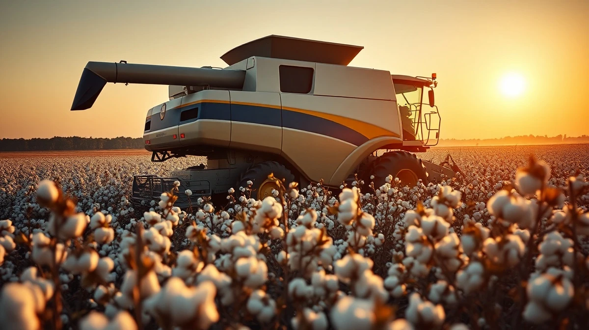 Cotton harvester in a field at sunset, representing the cotton commodity market.