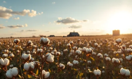 A cotton field with ripe bolls under a partly cloudy sky at golden hour, representing the agricultural commodity market.