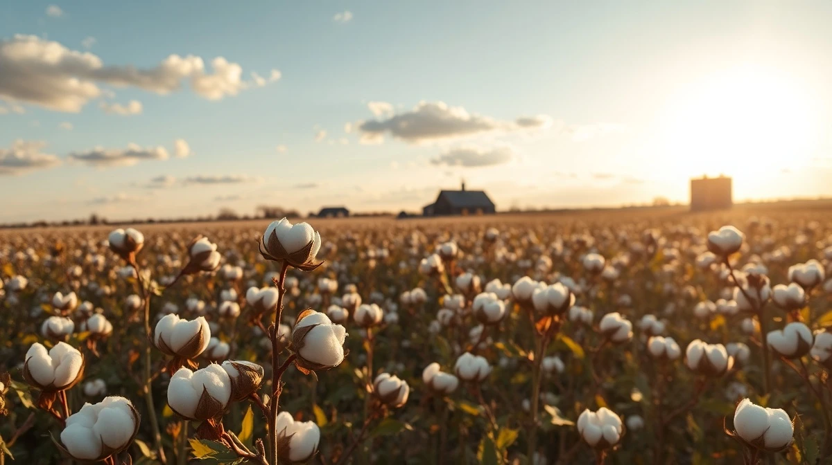 A cotton field with ripe bolls under a partly cloudy sky at golden hour, representing the agricultural commodity market.