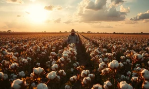 Cotton field at sunset with farmer walking between rows, representing agricultural commodity markets