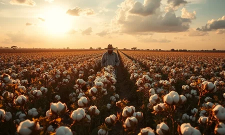 Cotton field at sunset with farmer walking between rows, representing agricultural commodity markets