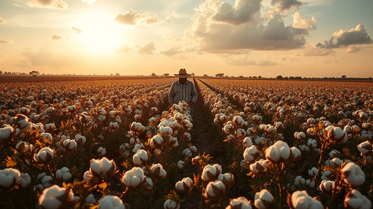 Cotton field at sunset with farmer walking between rows, representing agricultural commodity markets