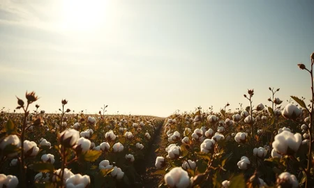 Wide-angle view of a cotton field ready for harvest under a partly cloudy sky