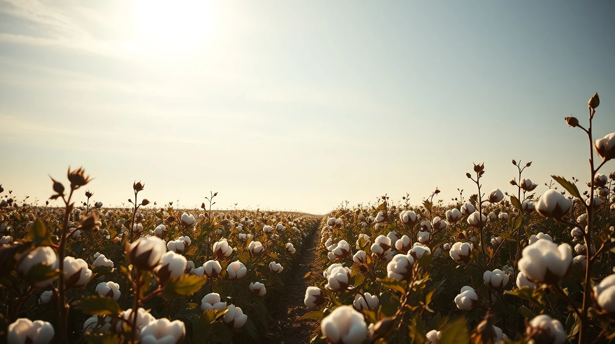 Wide-angle view of a cotton field ready for harvest under a partly cloudy sky