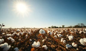 Sunlit cotton field with ripe bolls ready for harvest, representing the cotton commodity market.
