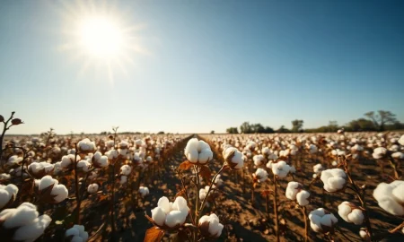 Sunlit cotton field with ripe bolls ready for harvest, representing the cotton commodity market.
