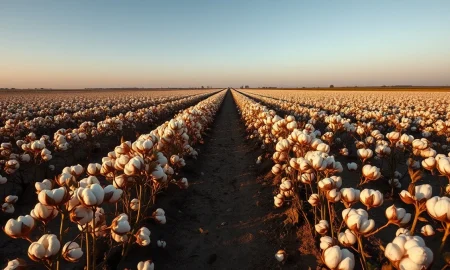 Cotton field at sunset with rows of mature cotton bolls