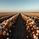 Cotton field at sunset with rows of mature cotton bolls