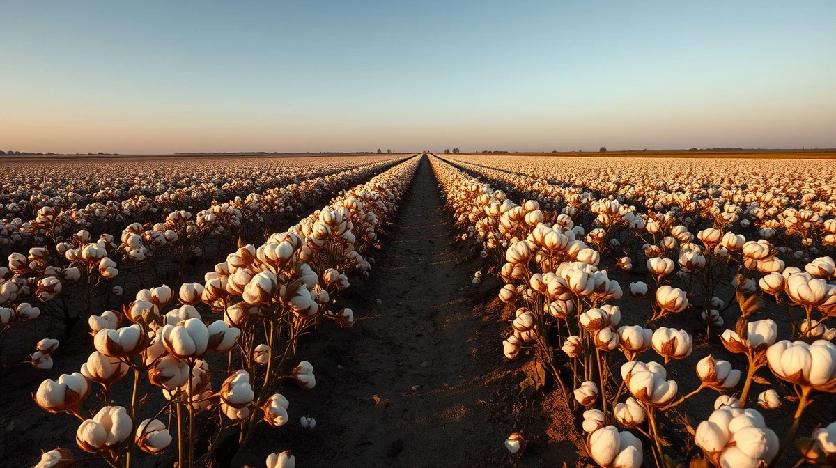 Cotton field at sunset with rows of mature cotton bolls