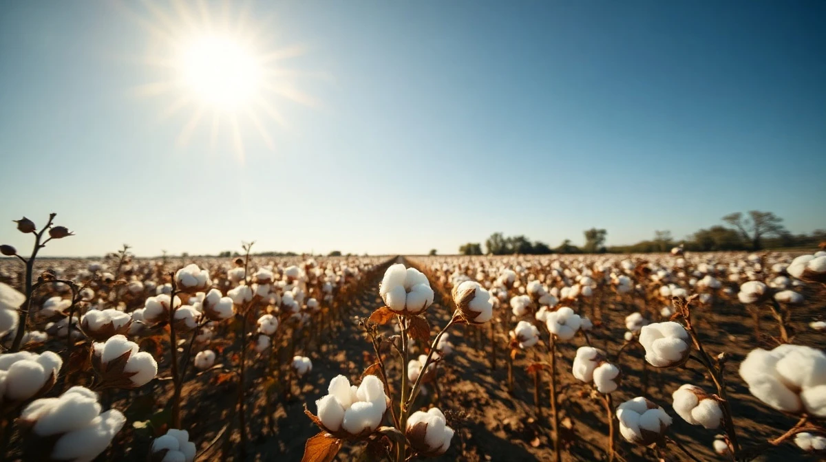 Sunlit cotton field with ripe bolls ready for harvest, representing the cotton commodity market.
