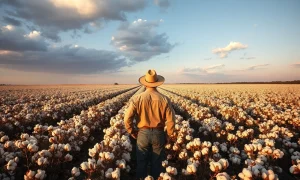 Farmer standing at edge of cotton field under cloudy sky during late afternoon