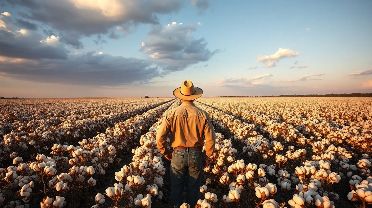 Farmer standing at edge of cotton field under cloudy sky during late afternoon