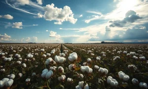 Cotton field with mature bolls under partly cloudy sky