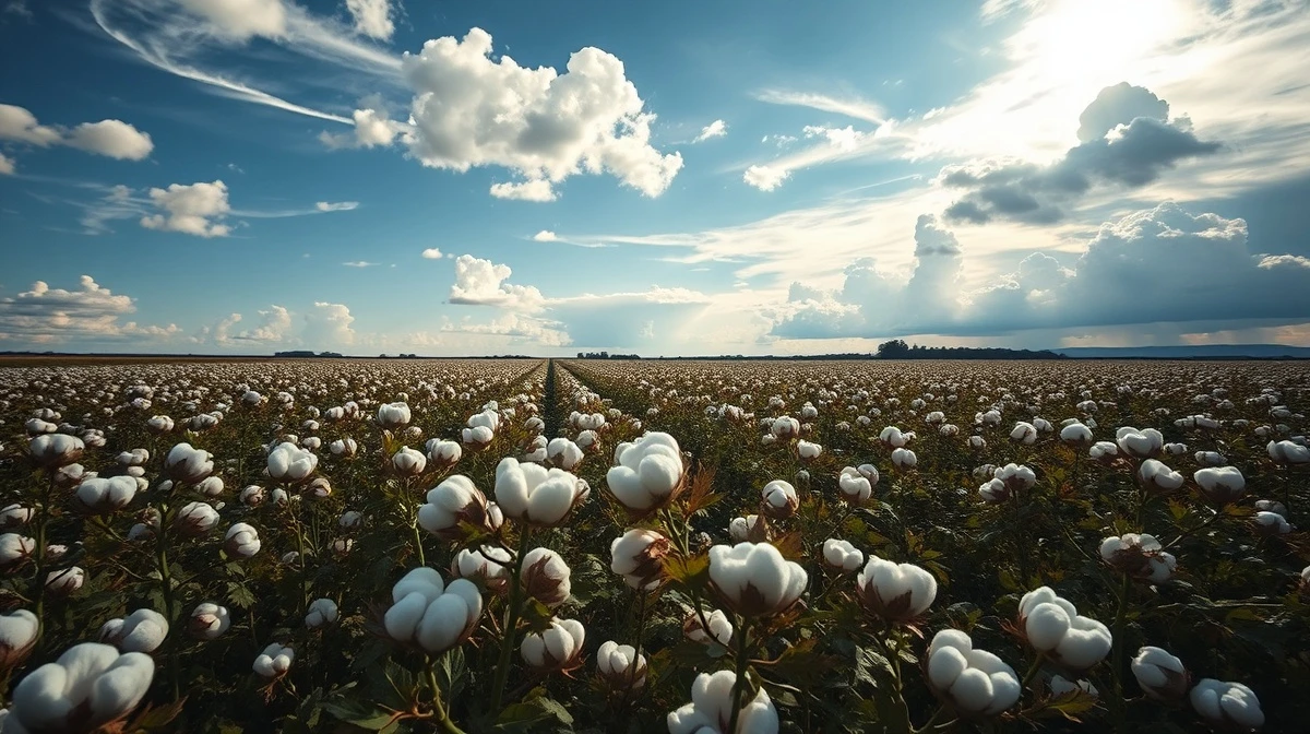 Cotton field with mature bolls under partly cloudy sky