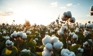 Sunlit cotton field with ripe bolls ready for harvest, representing cotton commodity markets.