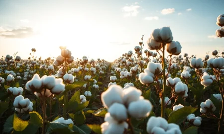 Sunlit cotton field with ripe bolls ready for harvest, representing cotton commodity markets.