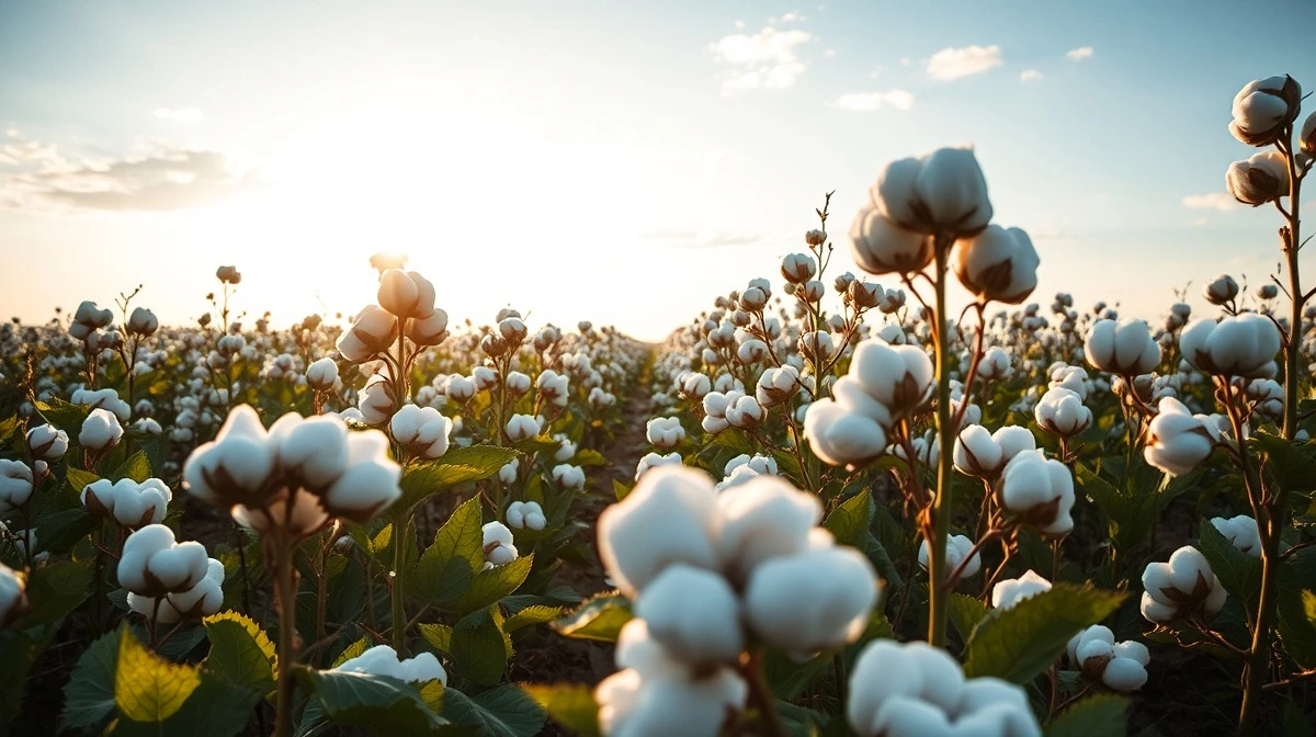 Sunlit cotton field with ripe bolls ready for harvest, representing cotton commodity markets.