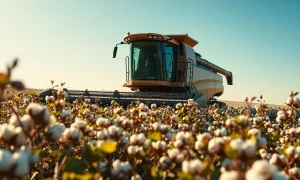 Cotton harvester working in a field during late afternoon sunlight.