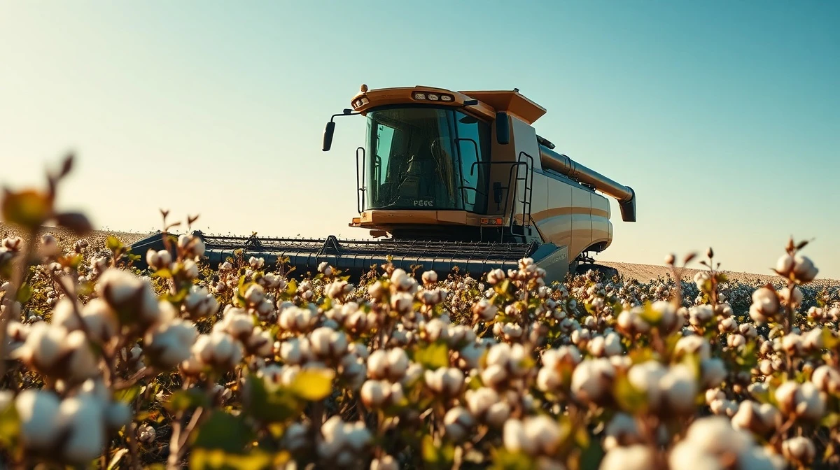 Cotton harvester working in a field during late afternoon sunlight.