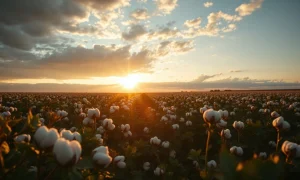 Cotton field at sunset with rows of mature cotton bolls ready for harvest
