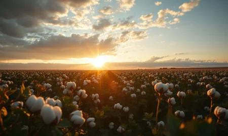 Cotton field at sunset with rows of mature cotton bolls ready for harvest